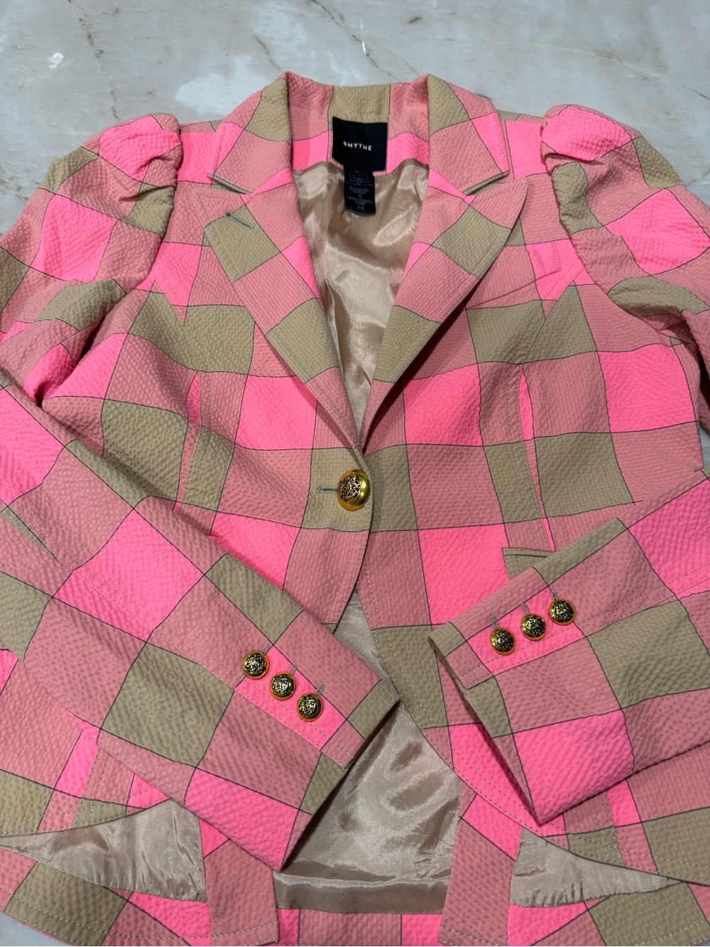 Smythe Hot Pink and Tan Check Blazer with Gold Buttons